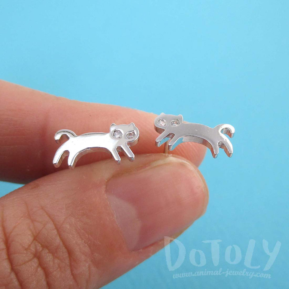 Jumping Kittens Cat Shaped Allergy Free Stud Earrings in Silver