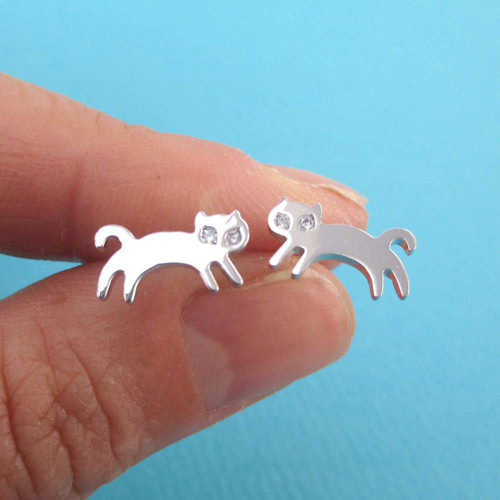 Jumping Kittens Cat Shaped Allergy Free Stud Earrings in Silver