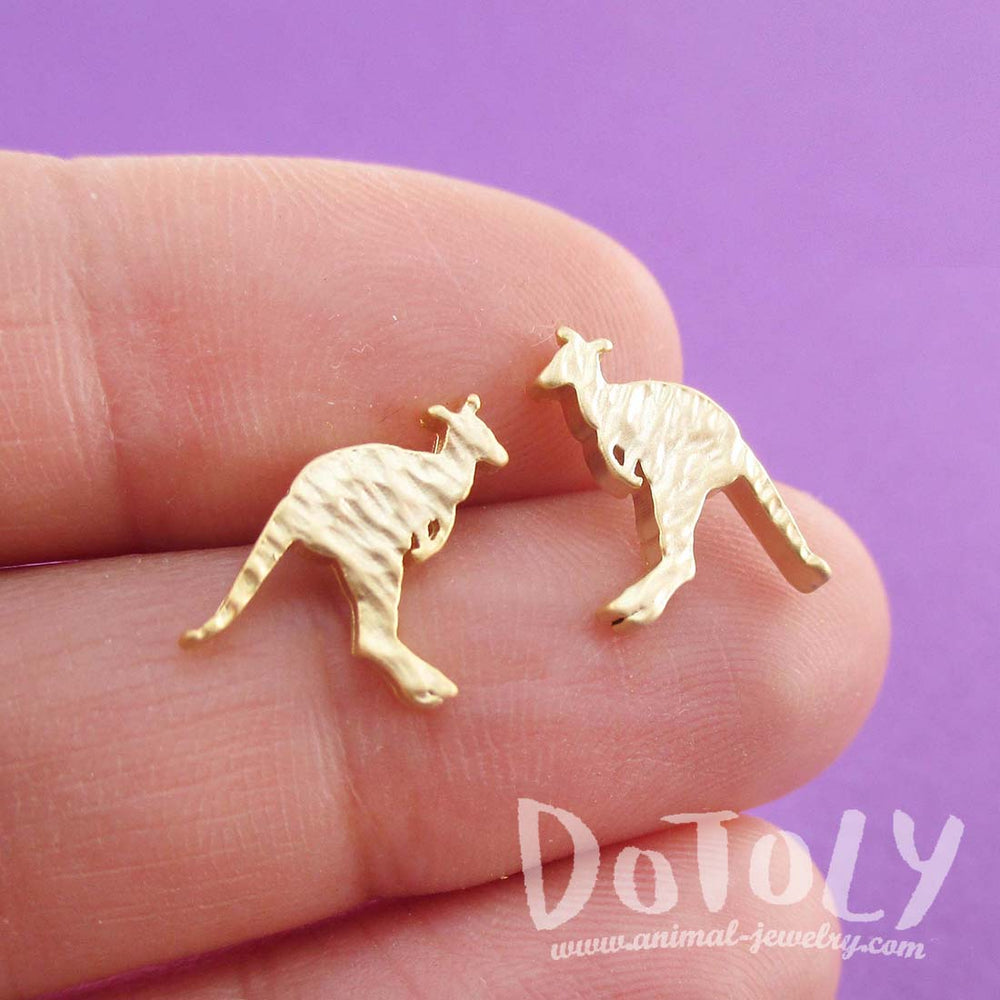 Kangaroo Silhouette Shaped Allergy Free Textured Stud Earrings in Gold