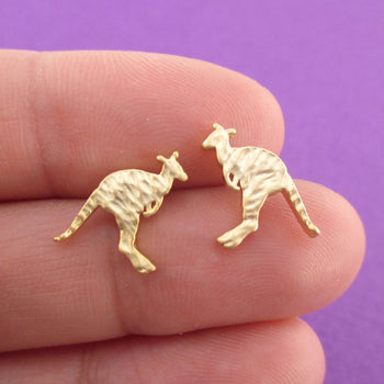 Kangaroo Silhouette Shaped Allergy Free Textured Stud Earrings in Gold