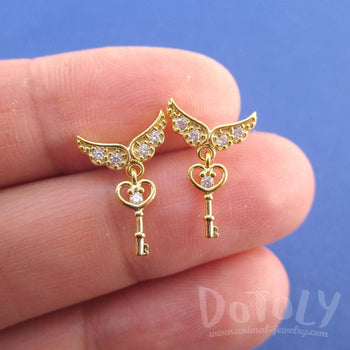 Key to My Heart Angel Feather Wings Shaped Stud Earrings in Gold
