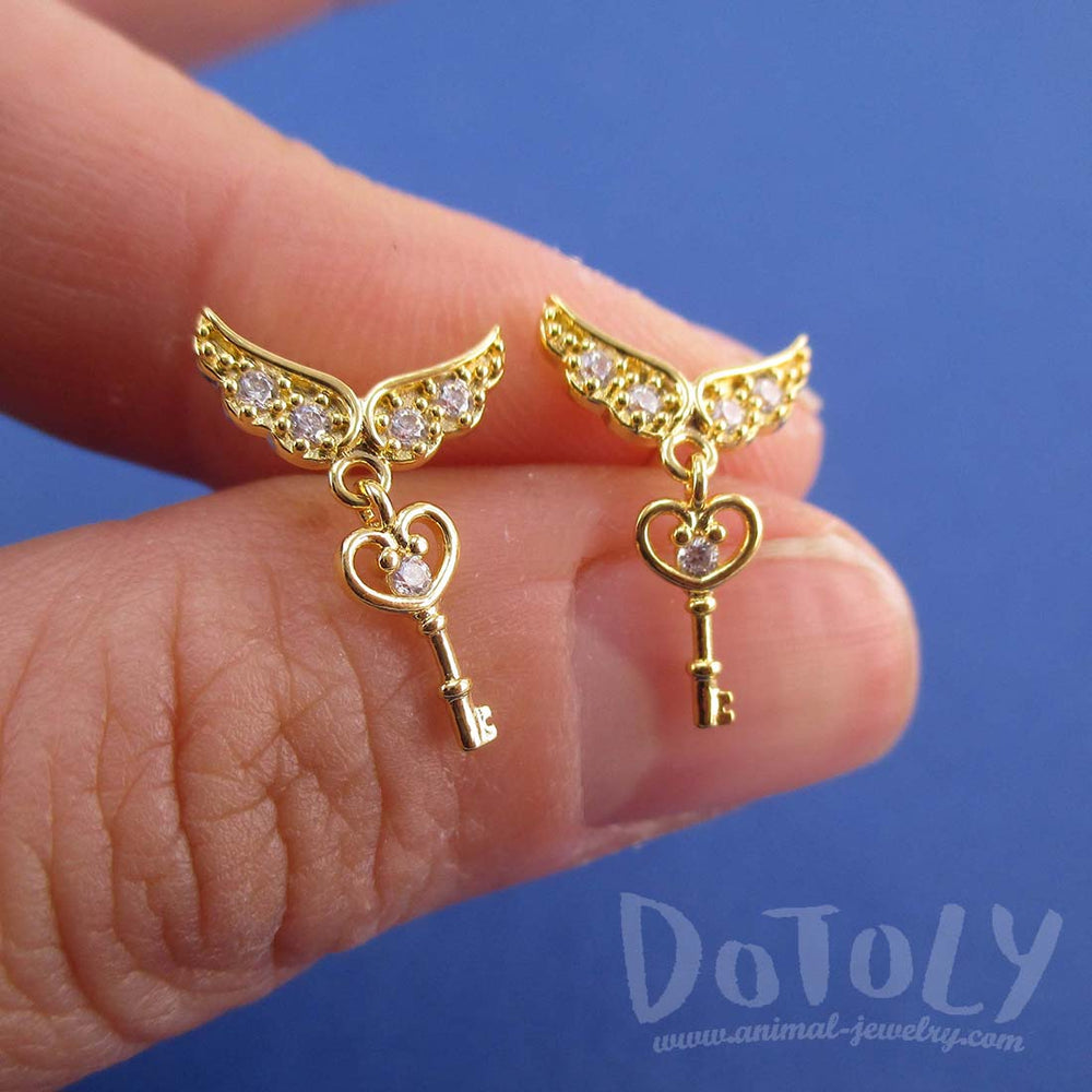 Key to My Heart Angel Feather Wings Shaped Stud Earrings in Gold