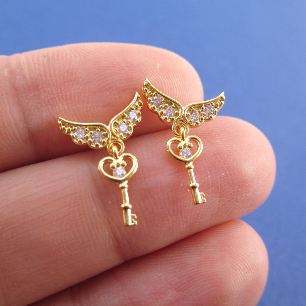 Key to My Heart Angel Feather Wings Shaped Stud Earrings in Gold