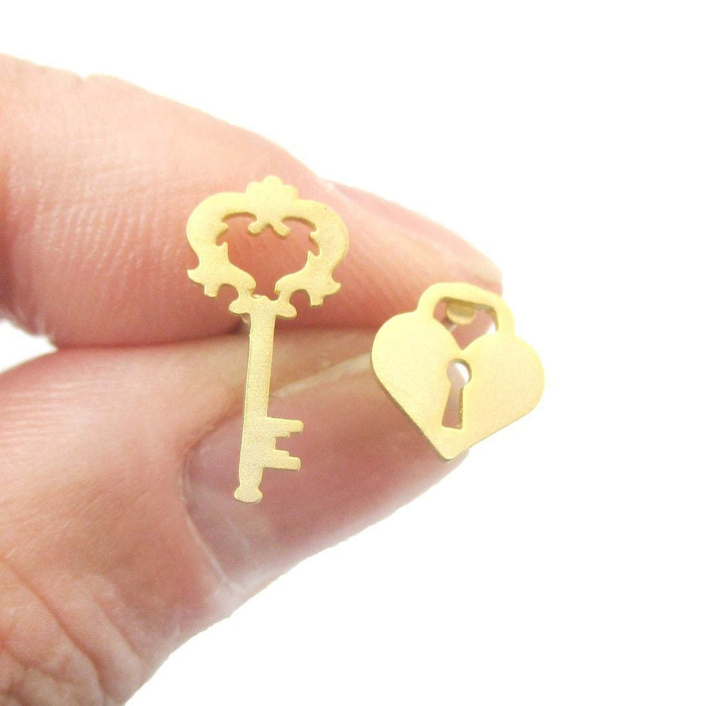 Key To My Heart Skeleton Key and Heart Shaped Lock Stud Earrings in Gold | DOTOLY | DOTOLY