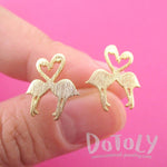 Kissing Flamingos Love Birds Silhouette Shaped Stud Earrings in Gold