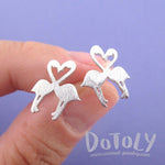 Kissing Flamingos Love Birds Silhouette Shaped Stud Earrings in Silver