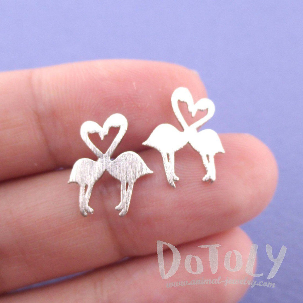 Kissing Flamingos Love Birds Silhouette Shaped Stud Earrings in Silver