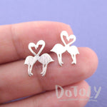 Kissing Flamingos Love Birds Silhouette Shaped Stud Earrings in Silver