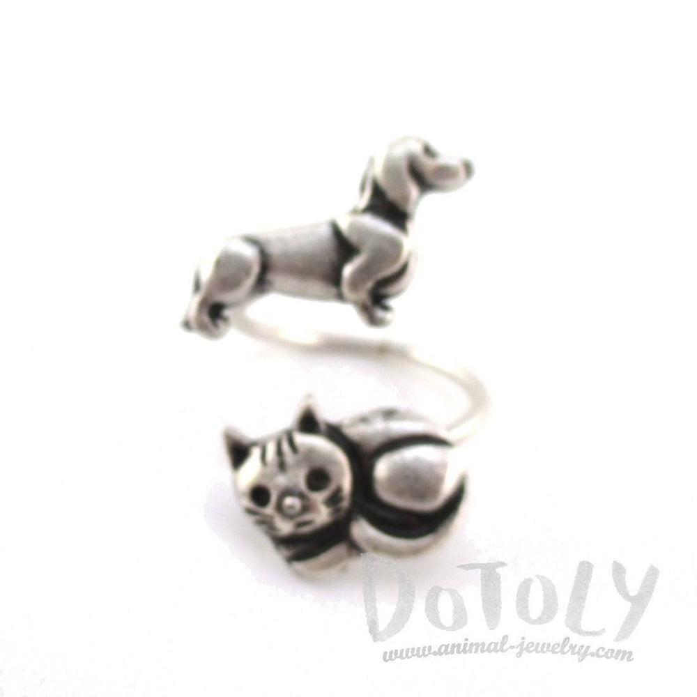 Kitty Cat and Dachshund Puppy Adjustable Wire Wrap Ring | DOTOLY