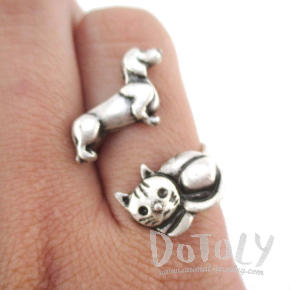 Kitty Cat and Dachshund Puppy Adjustable Wire Wrap Ring | DOTOLY