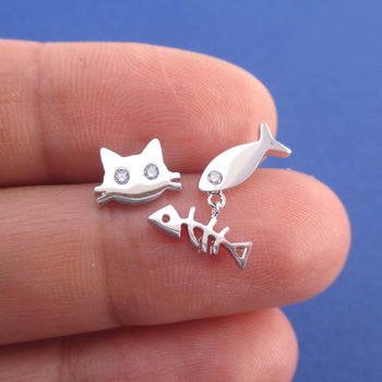 Kitty Cat and Fish Bone Shaped Stud Earrings in Silver | DOTOLY