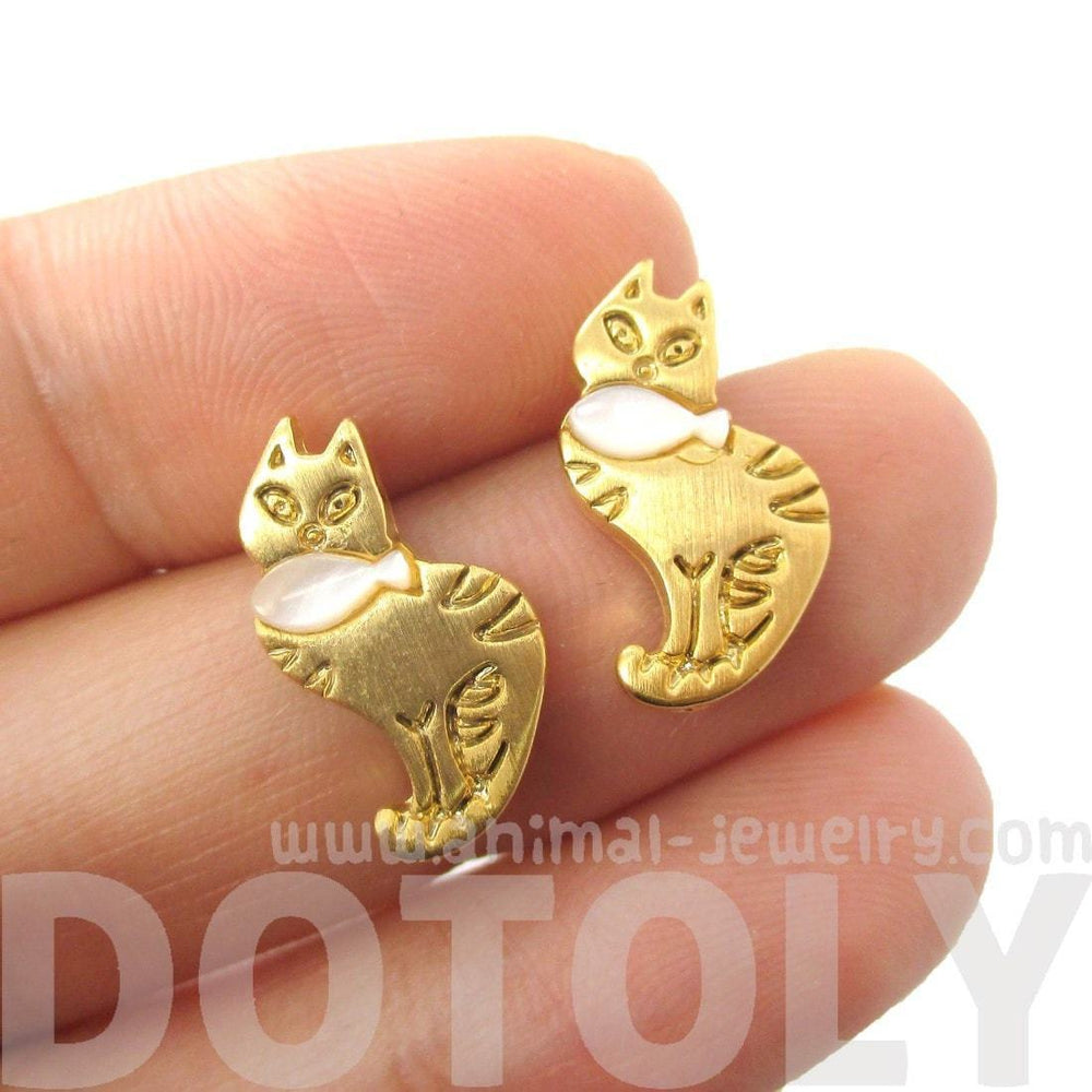 Kitty Cat and Fish Shaped Animal Themed Stud Earrings in Gold | DOTOLY