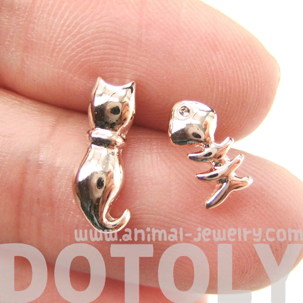 Kitty Cat and Fishbone Skeleton Animal Shaped Stud Earrings in Rose Gold | DOTOLY