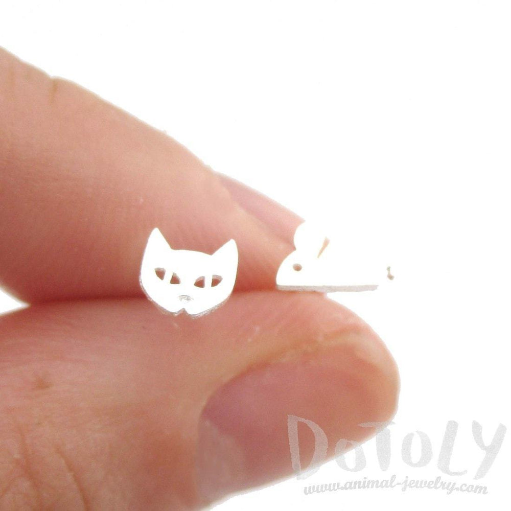 Kitty Cat and Mouse Shaped Allergy Free Stud Earrings in Silver | DOTOLY | DOTOLY