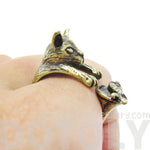 Kitty Cat Eating Fish Shaped Animal Wrap Ring in Brass | US Sizes 7 to 9 | DOTOLY