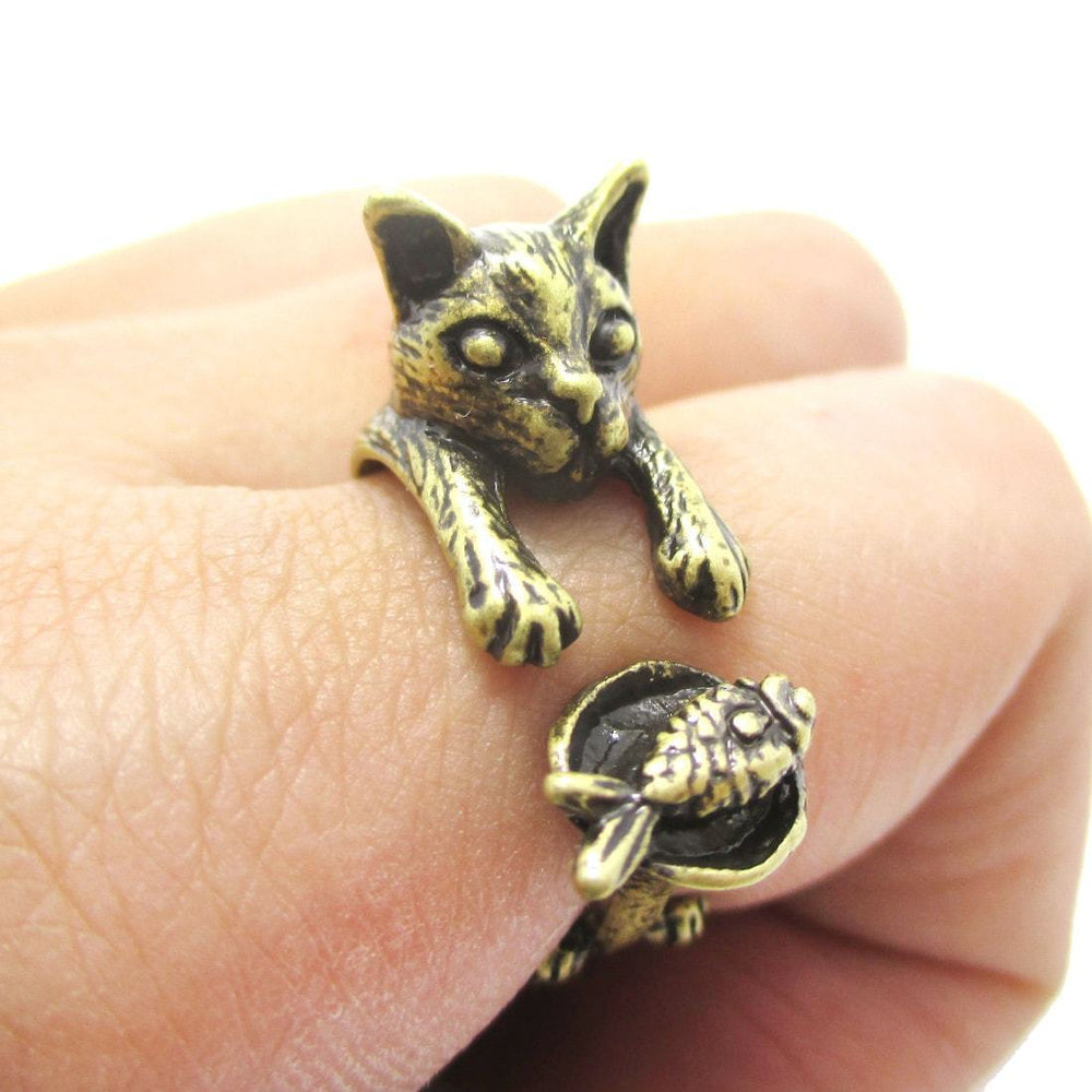 Kitty Cat Eating Fish Shaped Animal Wrap Ring in Brass | US Sizes 7 to 9 | DOTOLY