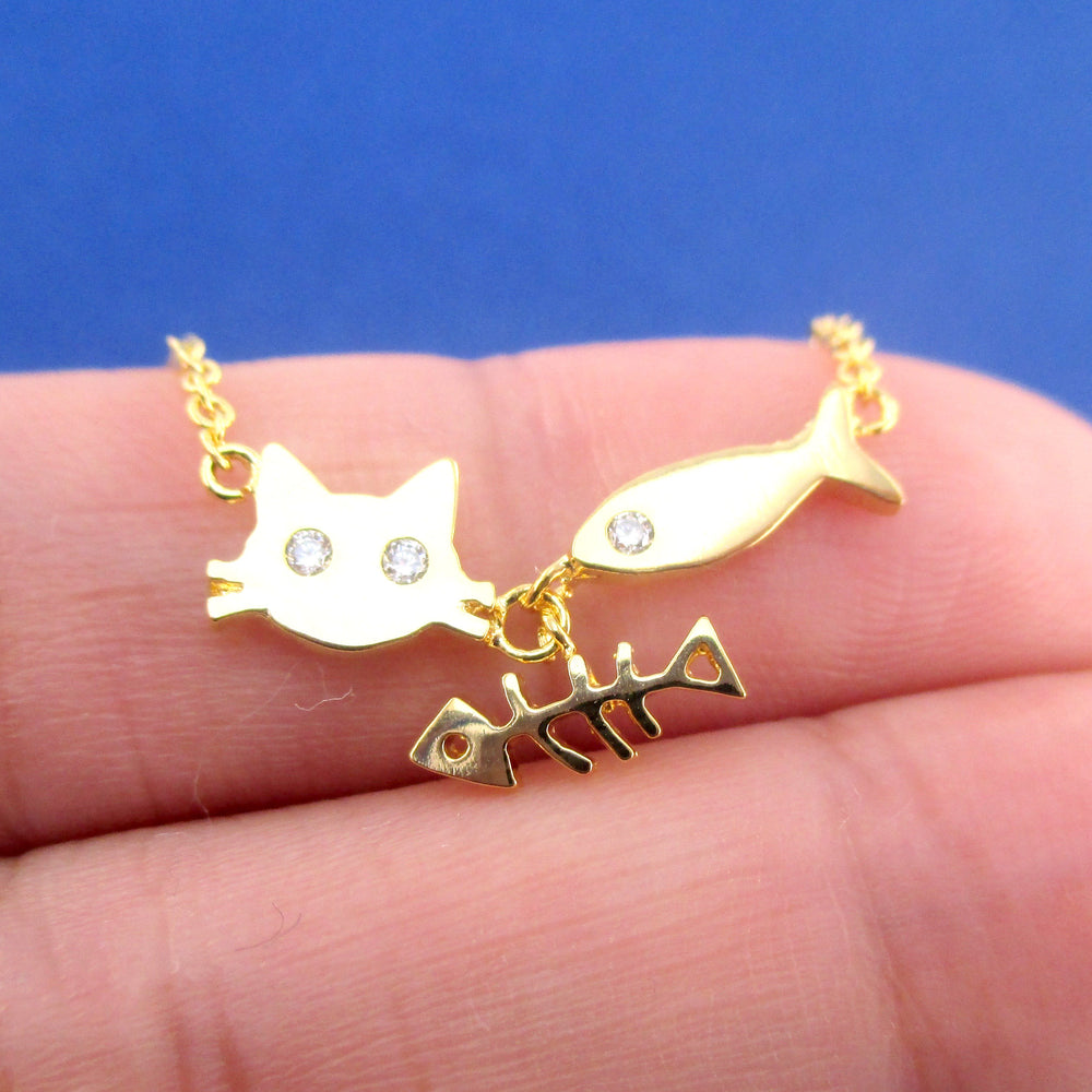 Kitty Cat Face and Fish Bone Charm Necklace in Gold or Silver | DOTOLY