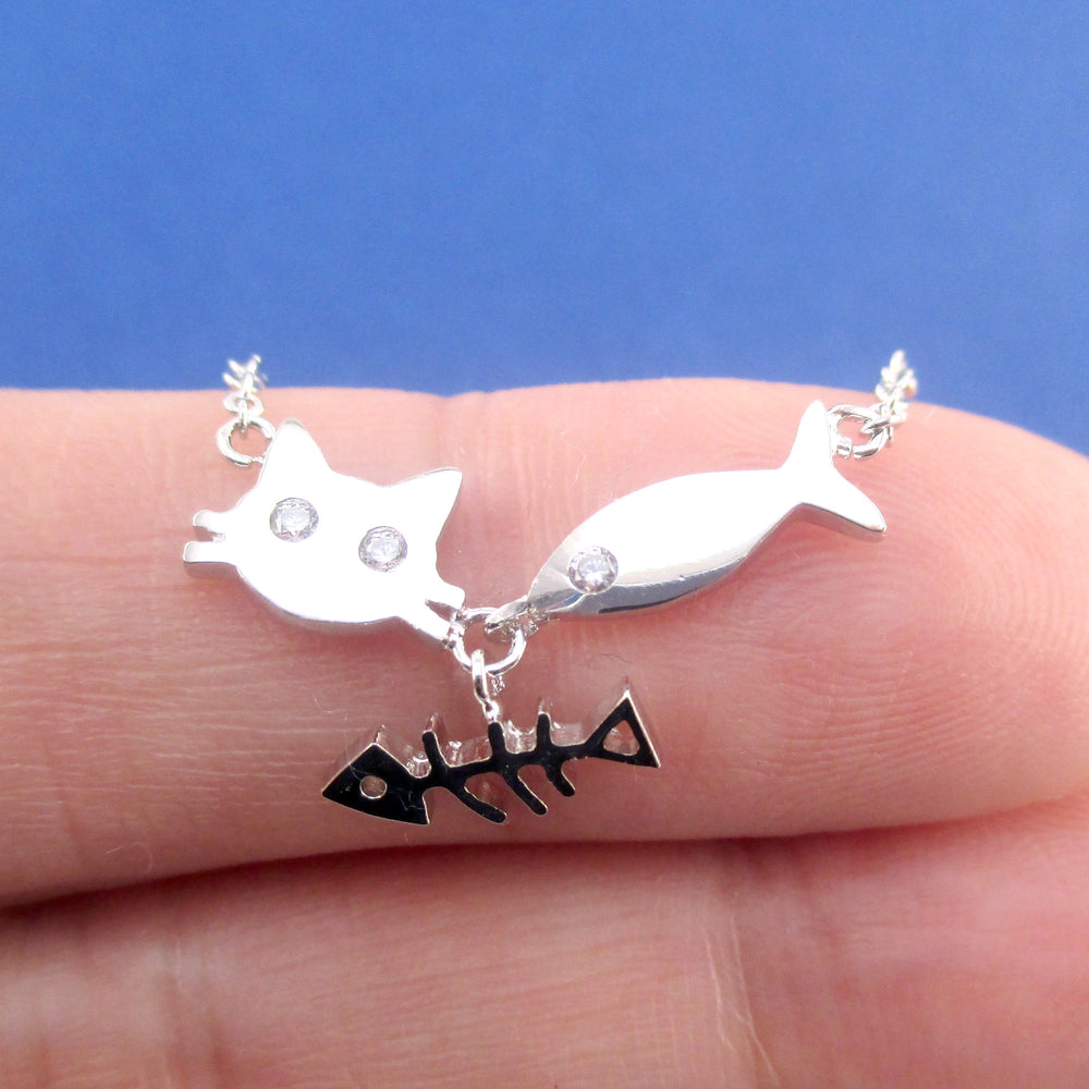 Kitty Cat Face and Fish Bone Charm Necklace in Gold or Silver | DOTOLY