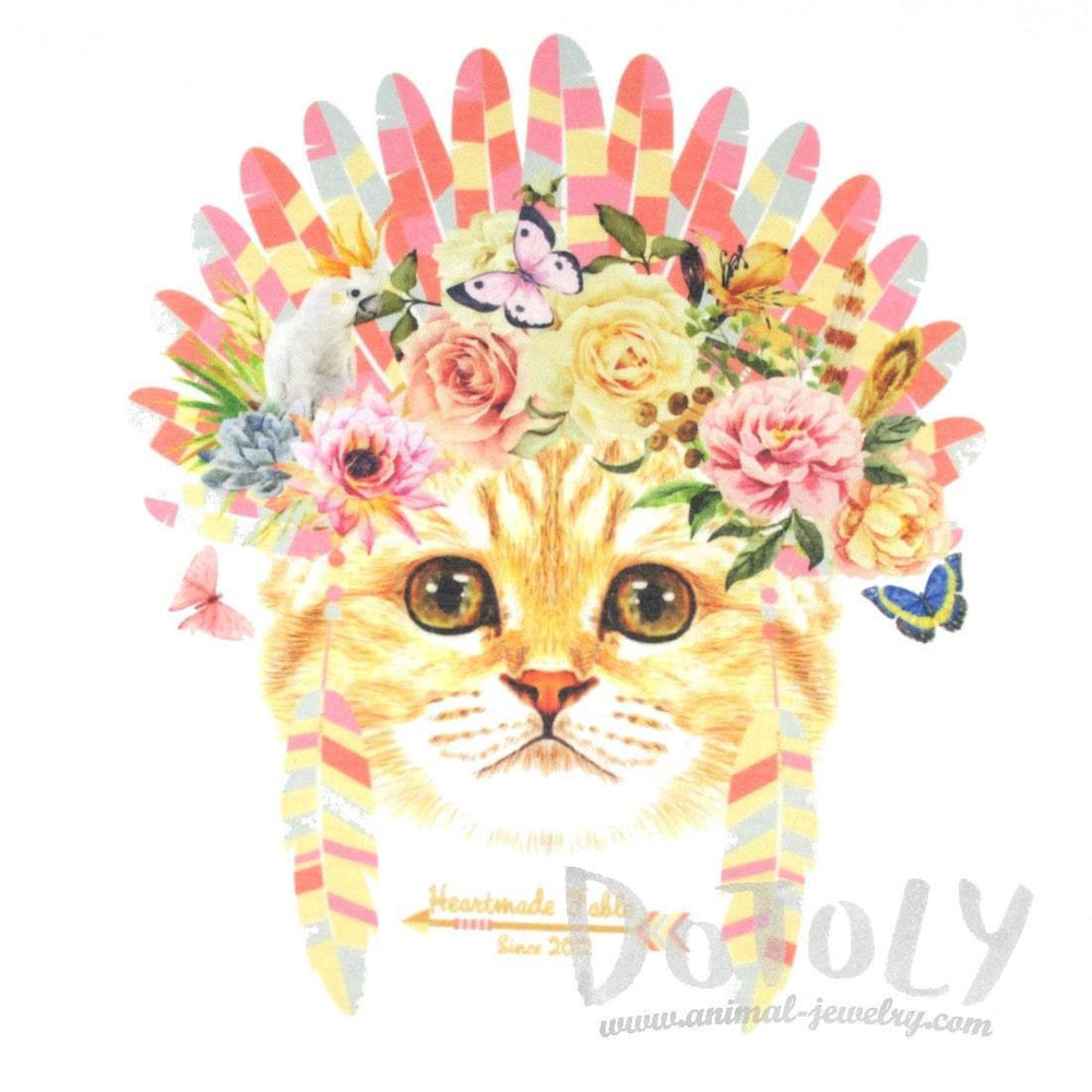 Kitty Cat in a Floral Feather Headdress Graphic Print Tee T-Shirt for Women | DOTOLY