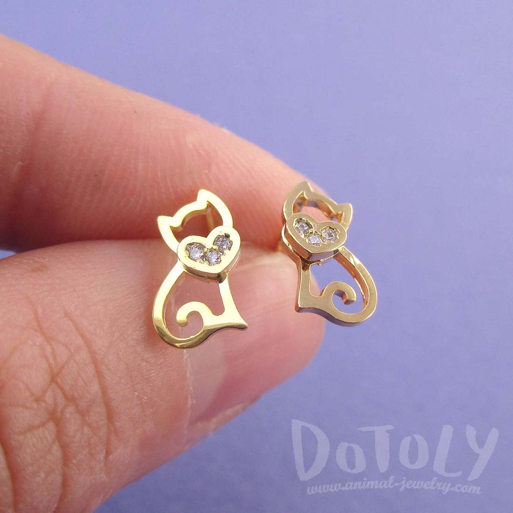 Kitty Cat Outline Shaped Rhinestone Allergy Free Stud Earrings in Gold