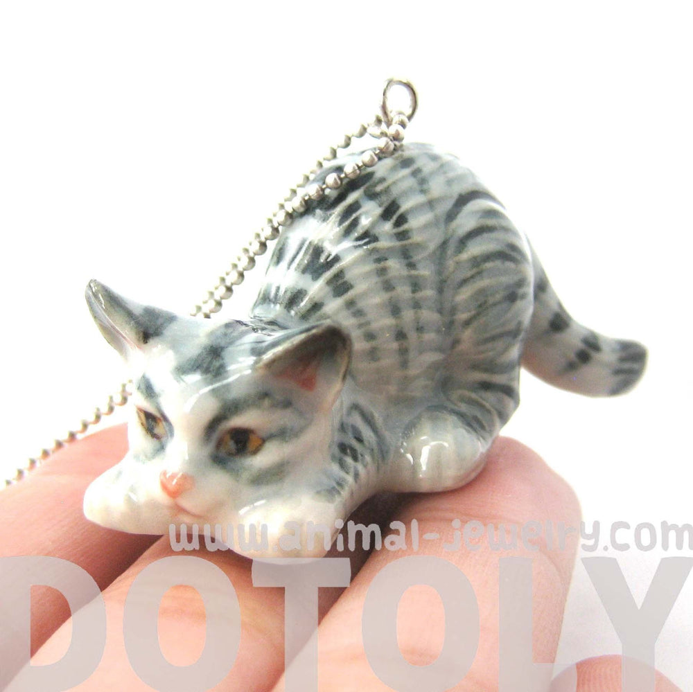 Kitty Cat Porcelain Ceramic Animal Pendant Necklace with Playful Crouching Pose | Handmade | DOTOLY