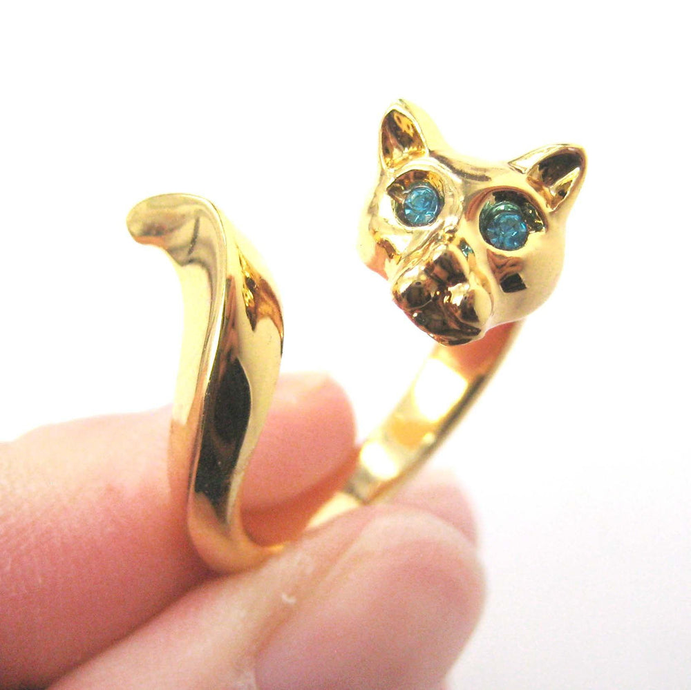 Kitty Cat Shaped Animal Wrap Ring in Shiny Gold with Turquoise Eyes | US Sizes 6 to 9 | DOTOLY