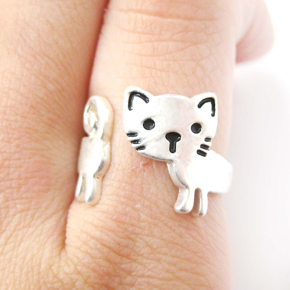 Kitty Cat Shaped Cartoon Animal Wrap Around Ring in Silver | DOTOLY | DOTOLY