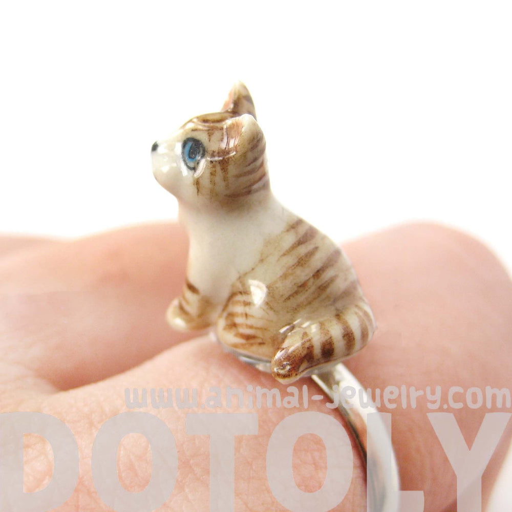 Kitty Cat Shaped Porcelain Ceramic Animal Adjustable Ring in Brown and White | Handmade | DOTOLY