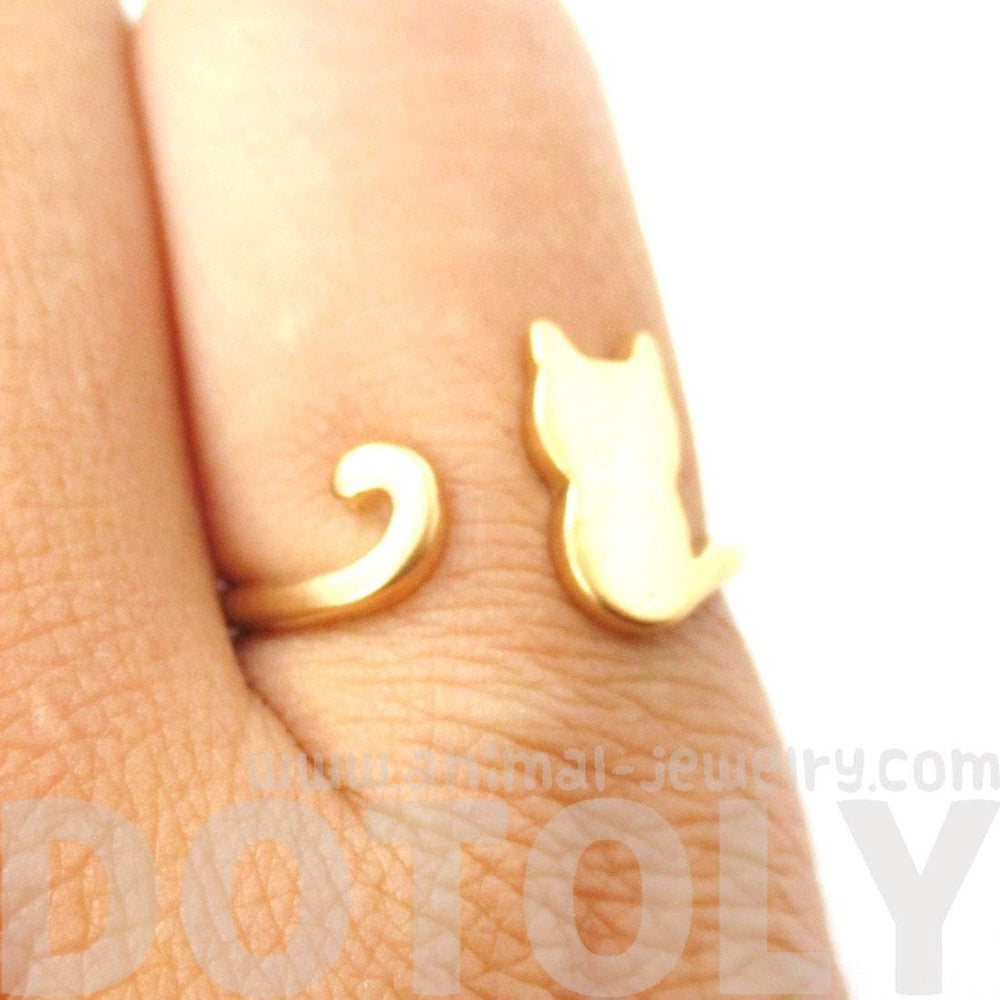 Kitty Cat Silhouette Animal Shaped Adjustable Ring in Gold | DOTOLY