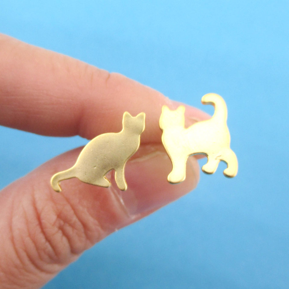 Kitty Cat Silhouette Pet Themed Mix and Match Stud Earrings in Gold