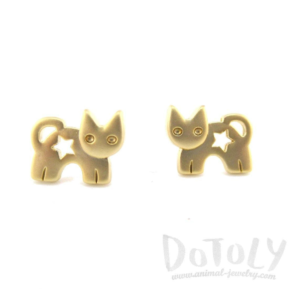 Kitty Cat Silhouette with Star Cut Out Shaped Stud Earrings in Gold | DOTOLY | DOTOLY