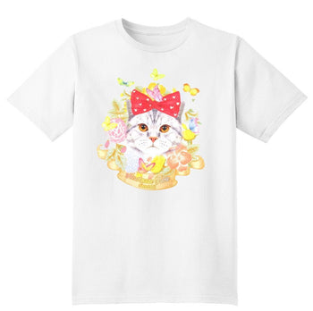 Kitty Cat Surrounded by Flowers and Butterflies Graphic Print Tee T-Shirt for Women | DOTOLY