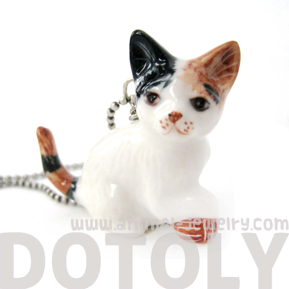 Kitty Cat With Ball of Yarn Ceramic Porcelain Animal Pendant Necklace | Handmade | DOTOLY