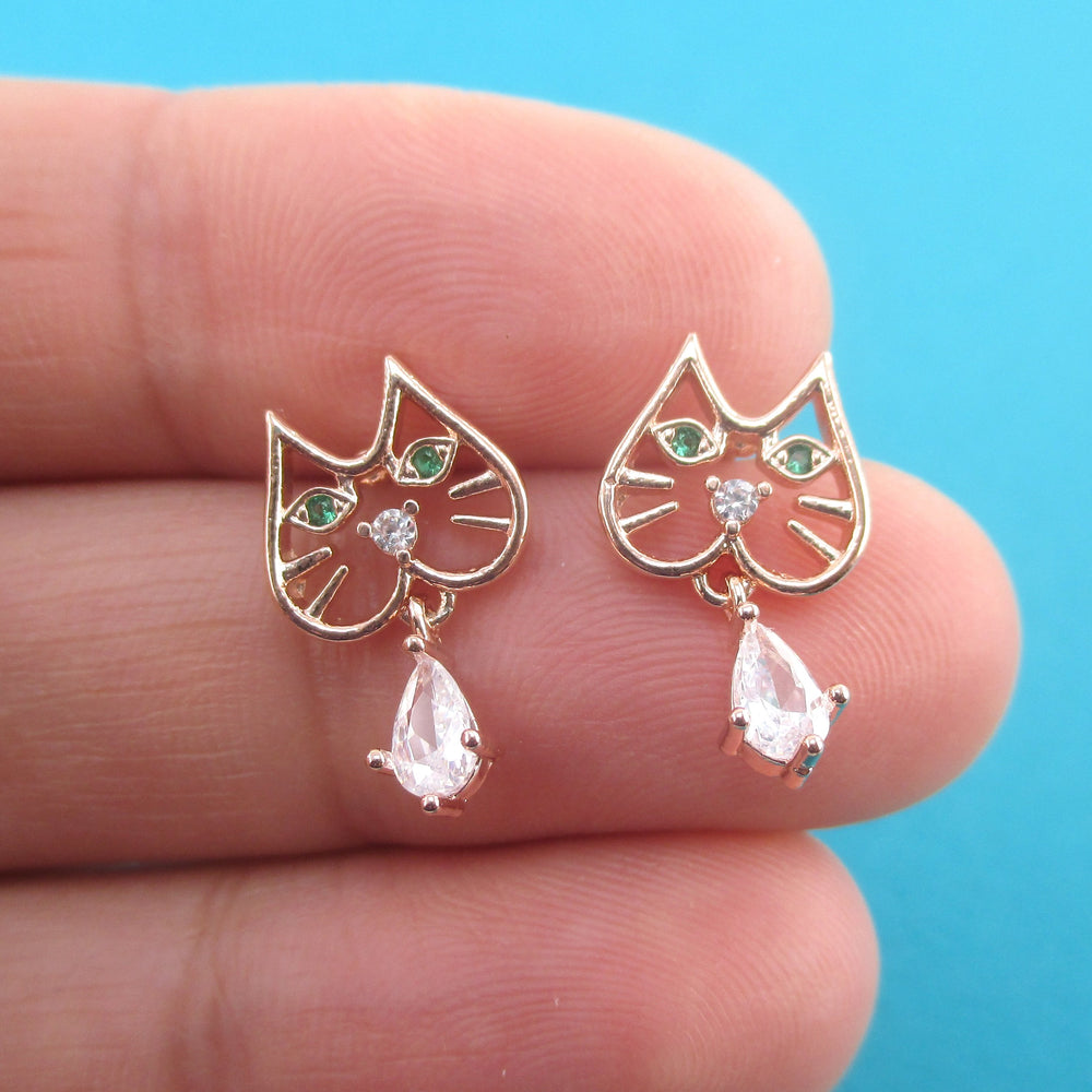 Kitty Tabby Cat Face Outline Shaped Rhinestone Earrings