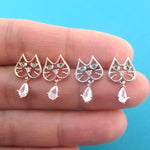 Kitty Tabby Cat Face Outline Shaped Rhinestone Earrings
