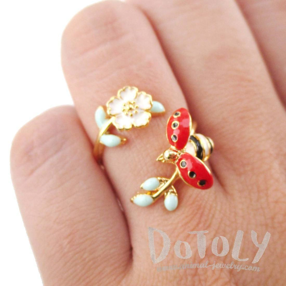 Ladybug on a Floral Branch Shaped Enamel Adjustable Ring | DOTOLY