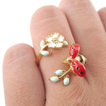 Ladybug on a Floral Branch Shaped Enamel Adjustable Ring | DOTOLY