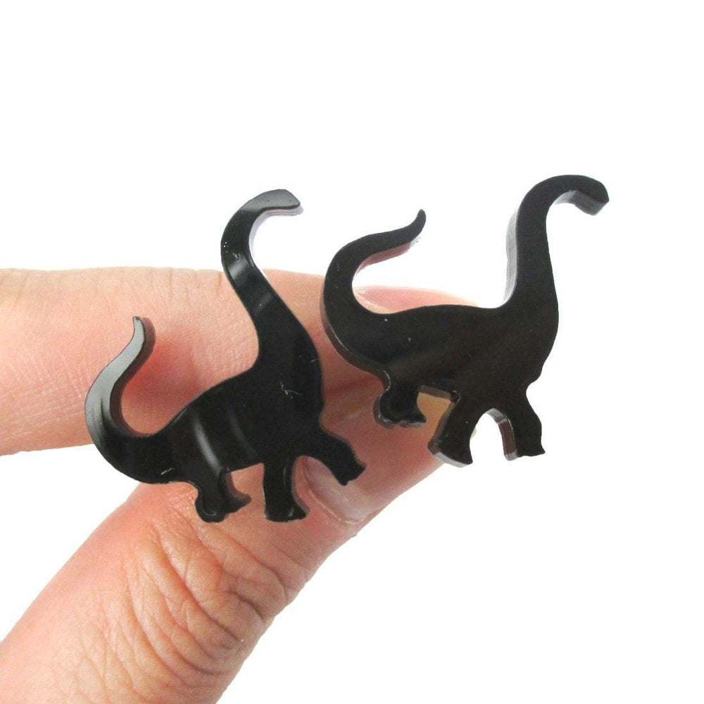 Large Brontosaurus Dinosaur Silhouette Shaped Stud Earrings in Black