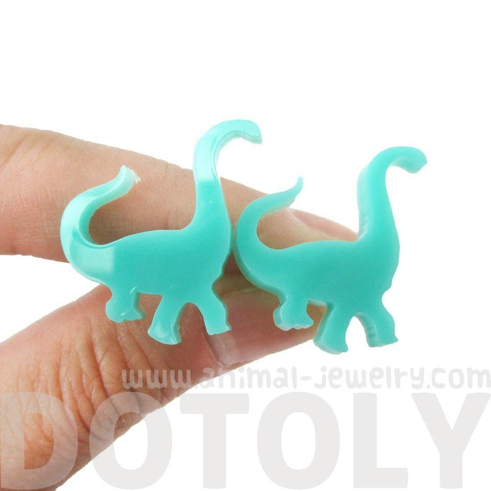 Brontosaurus Dinosaur Shaped Laser Cut Stud Earrings in Blue Green