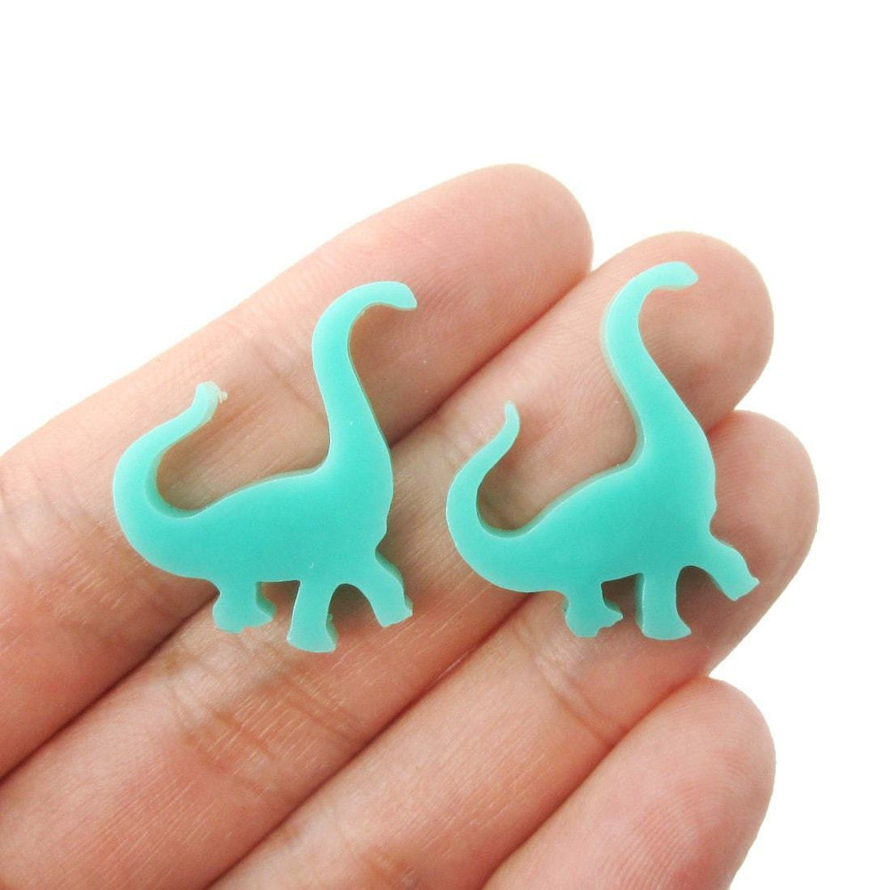 Brontosaurus Dinosaur Shaped Laser Cut Stud Earrings in Blue Green