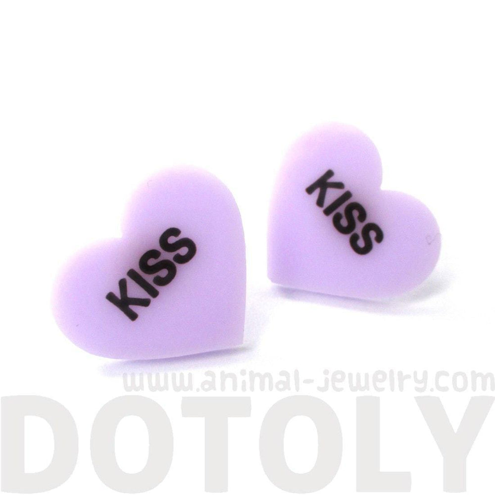 Candy Kiss Sweethearts Heart Shaped Laser Cut Stud Earrings in Purple