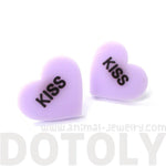 Candy Kiss Sweethearts Heart Shaped Laser Cut Stud Earrings in Purple