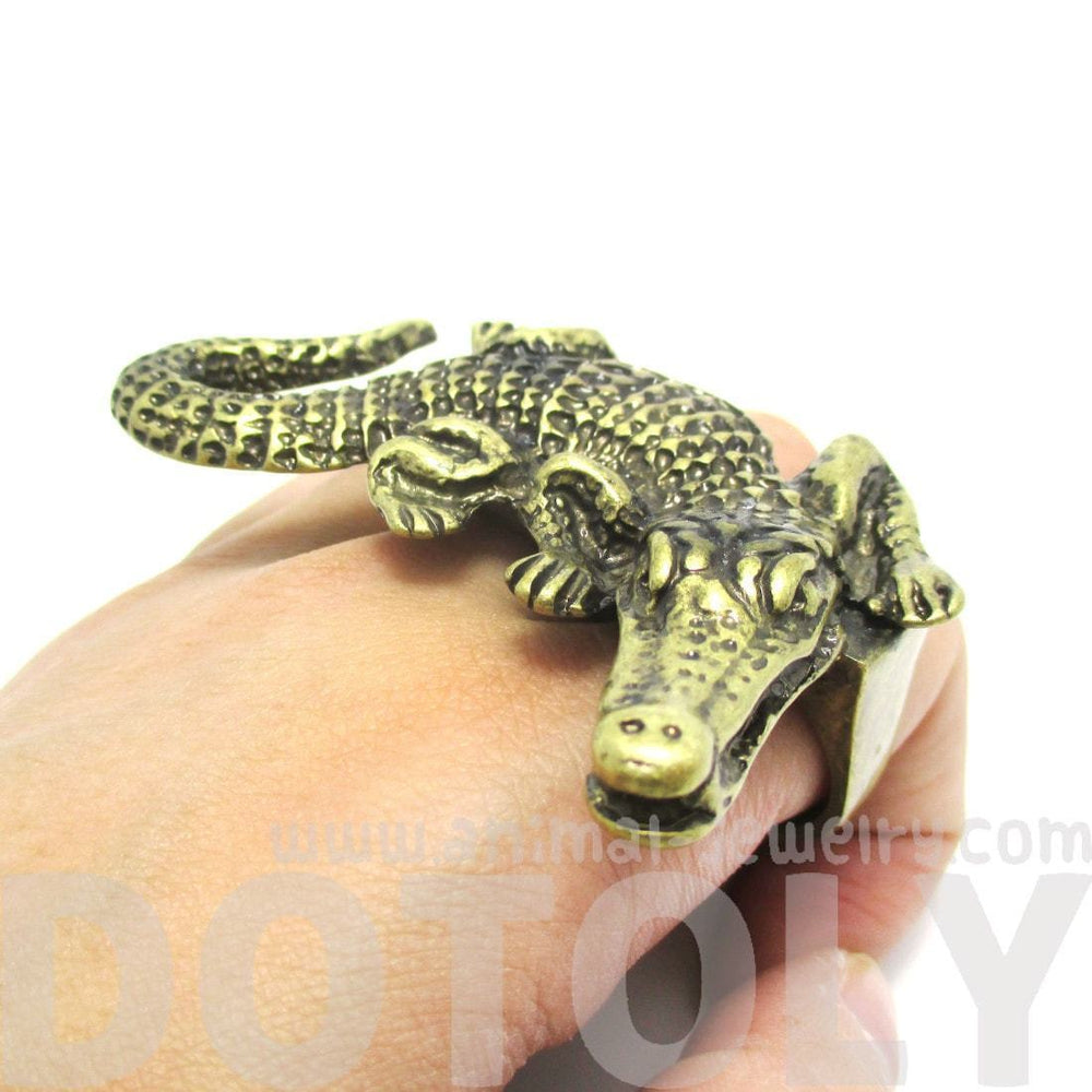 Large Crocodile Alligator Double Finger Statement Ring