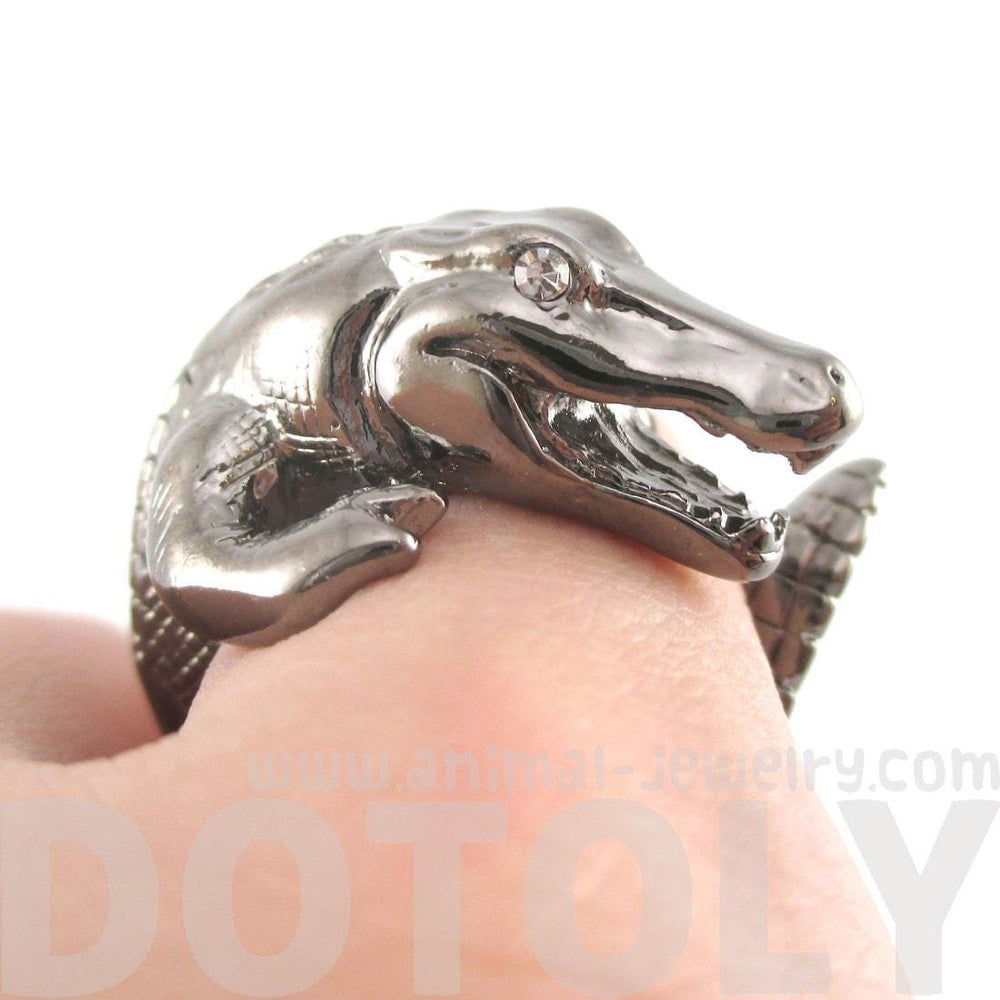 Crocodile Alligator Animal Wrap Ring in Gunmetal Silver