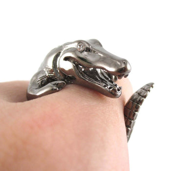 Crocodile Alligator Animal Wrap Ring in Gunmetal Silver