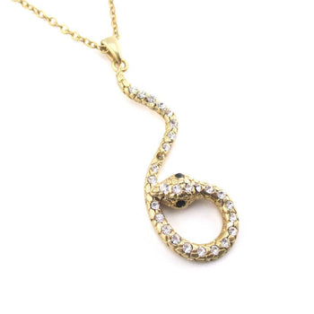 Large Dangling Snake Pendant Necklace in Gold with Rhinestones