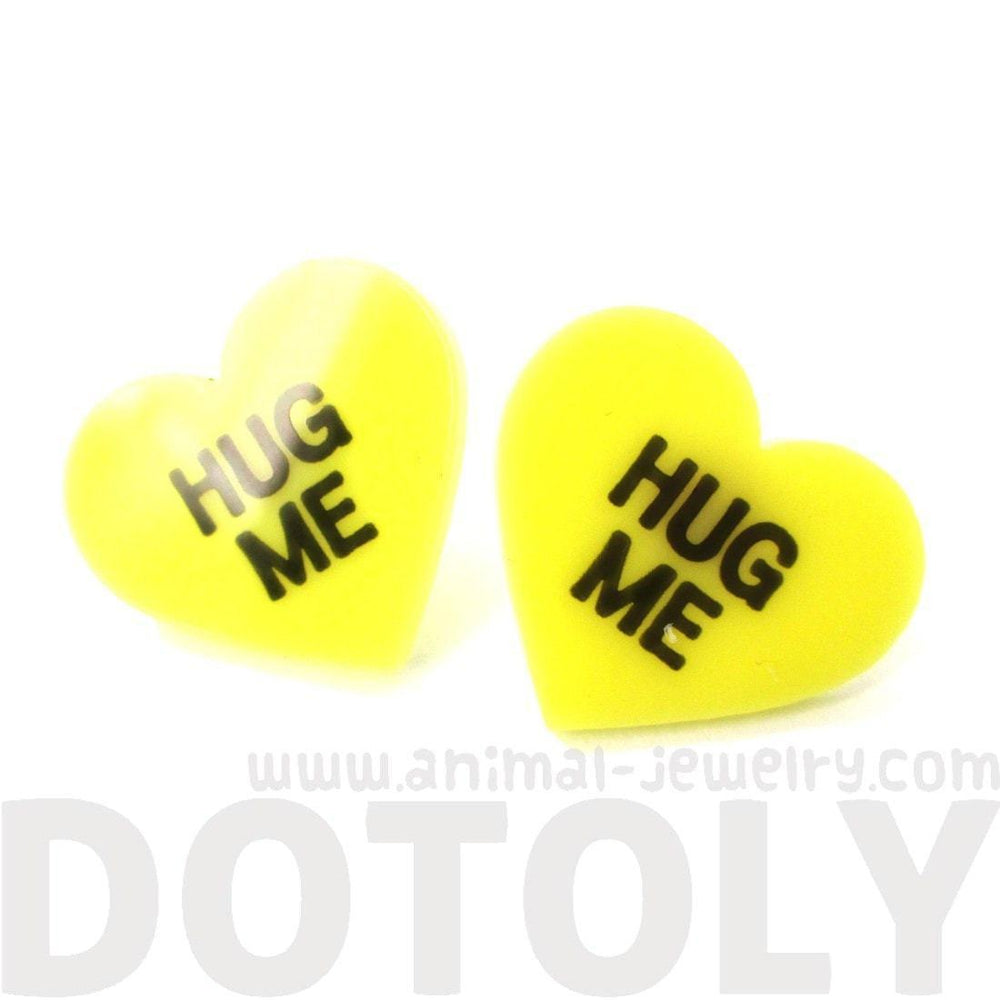 Large Hug Me Candy Heart Sweethearts Shaped Laser Cut Stud Earrings in Yellow | DOTOLY