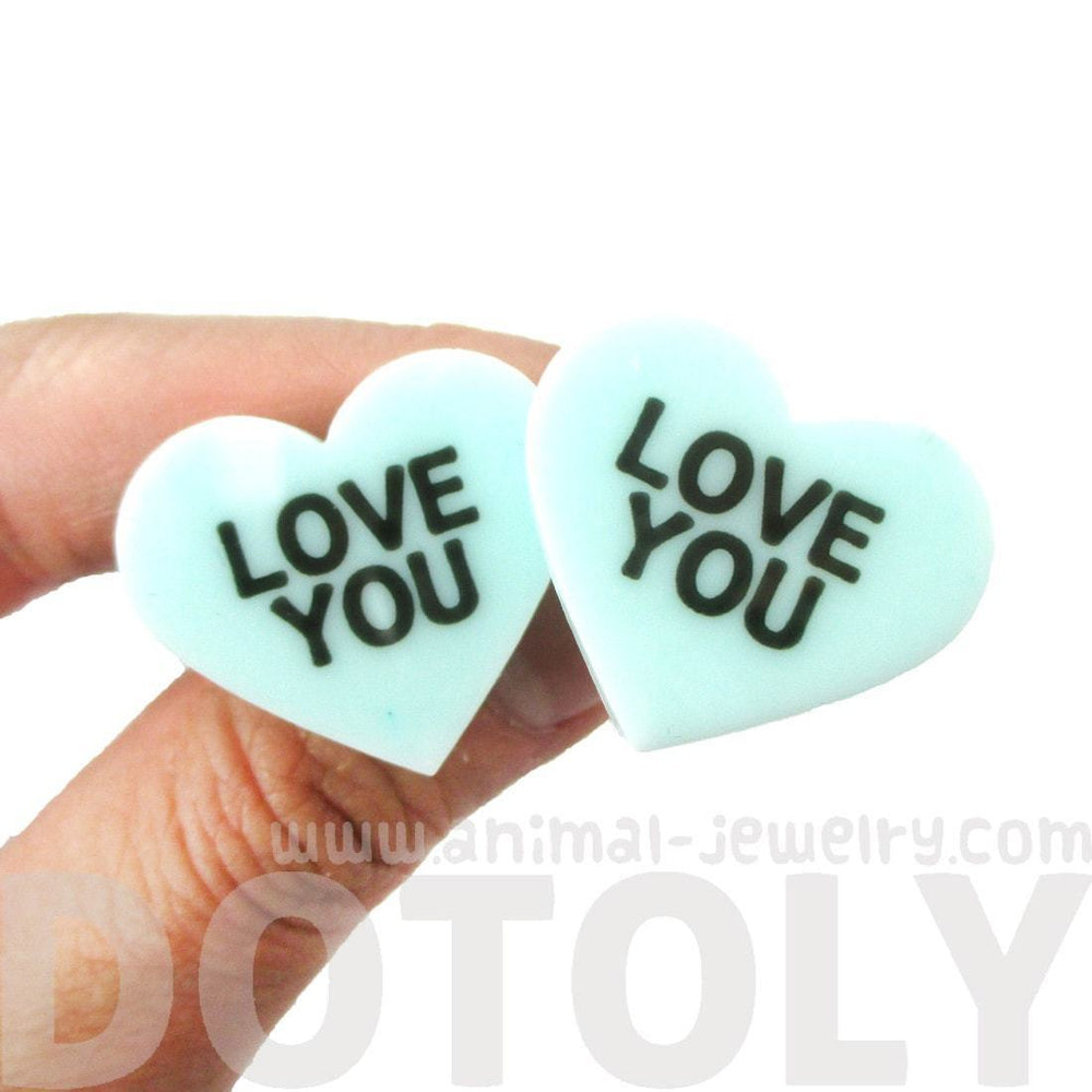 Large Love You Candy Heart Sweethearts Shaped Laser Cut Stud Earrings in Mint | DOTOLY