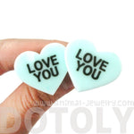 Large Love You Candy Heart Sweethearts Shaped Laser Cut Stud Earrings in Mint | DOTOLY