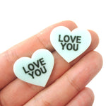 Large Love You Candy Heart Sweethearts Shaped Laser Cut Stud Earrings in Mint | DOTOLY